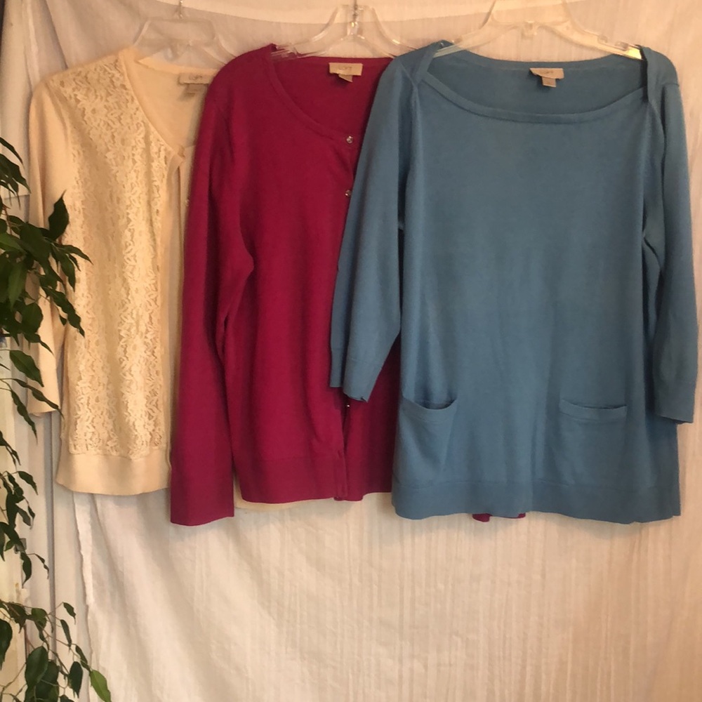 LOFT lot 3 size XL work career wear sweaters beige w/lace blue & pink cardigans - Picture 2 of 15